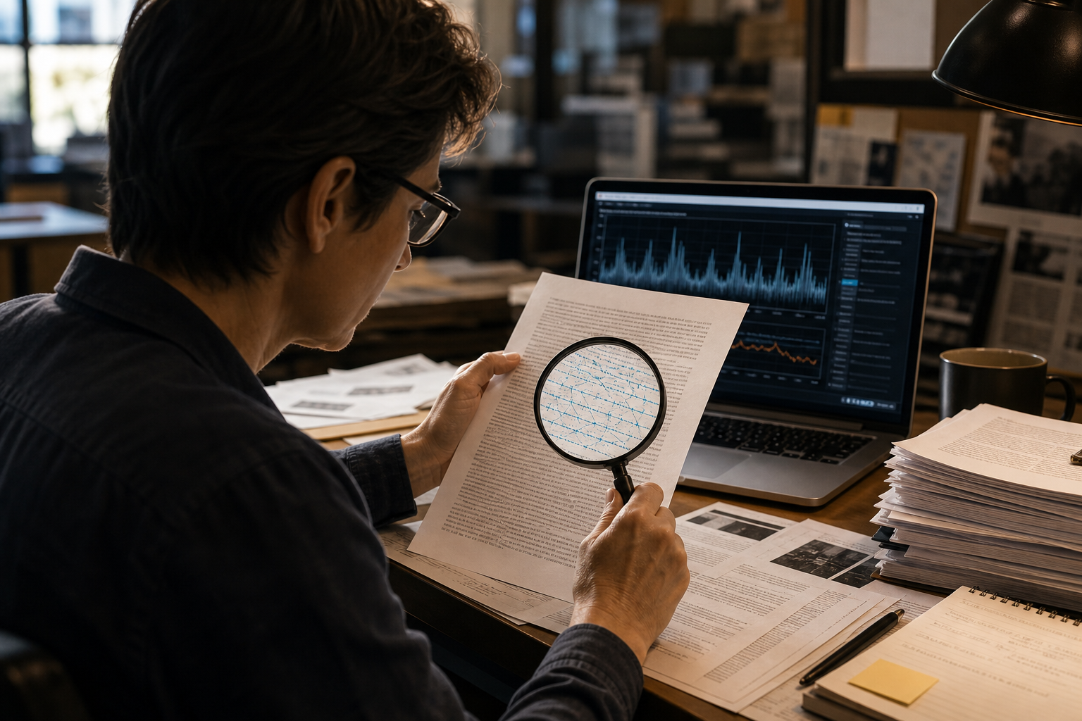 An editor examines a printed document for an invisible statistical text watermark
