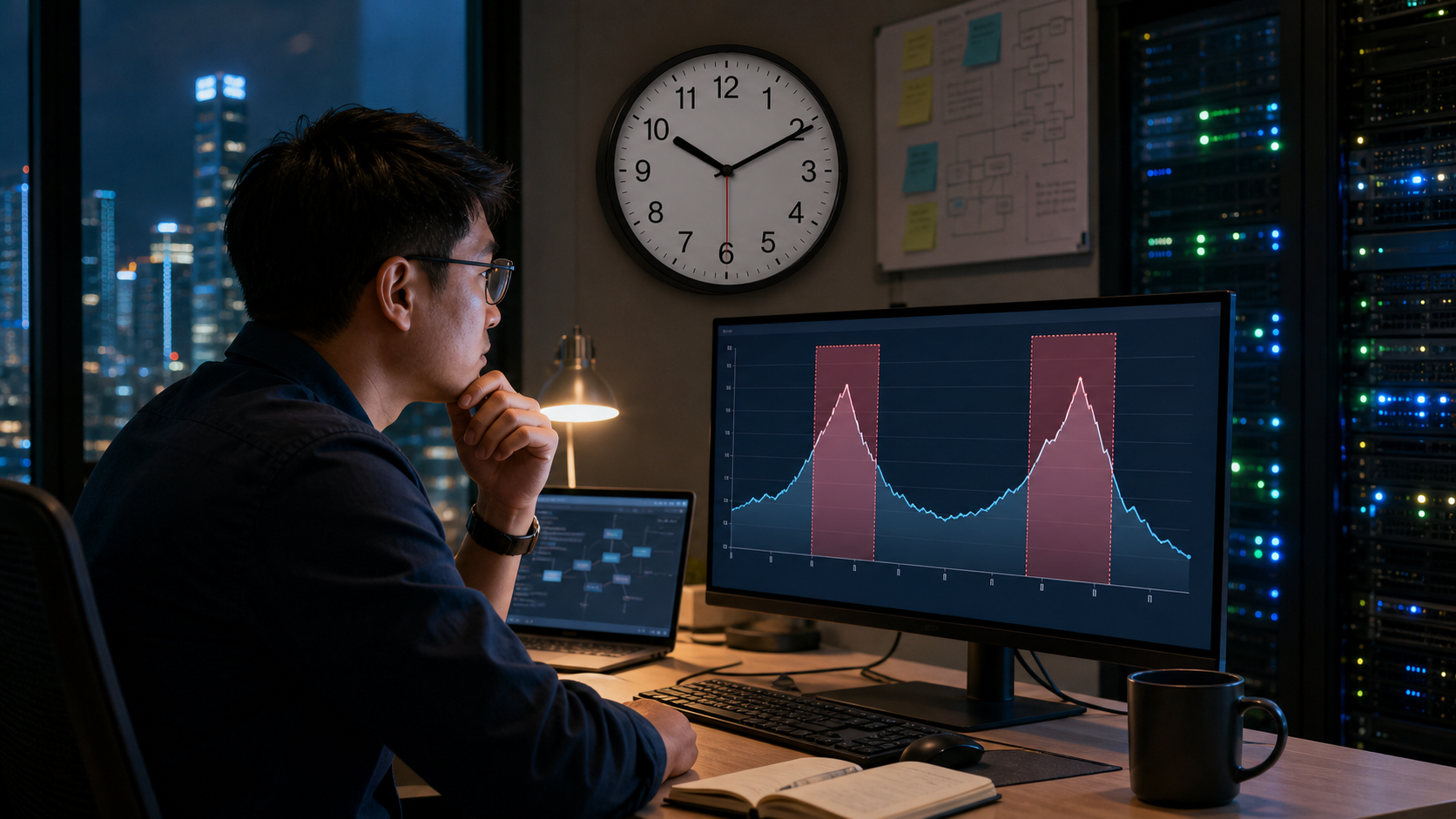 Editorial illustration of a Singapore developer scheduling an AI workload around two highlighted peak-price windows