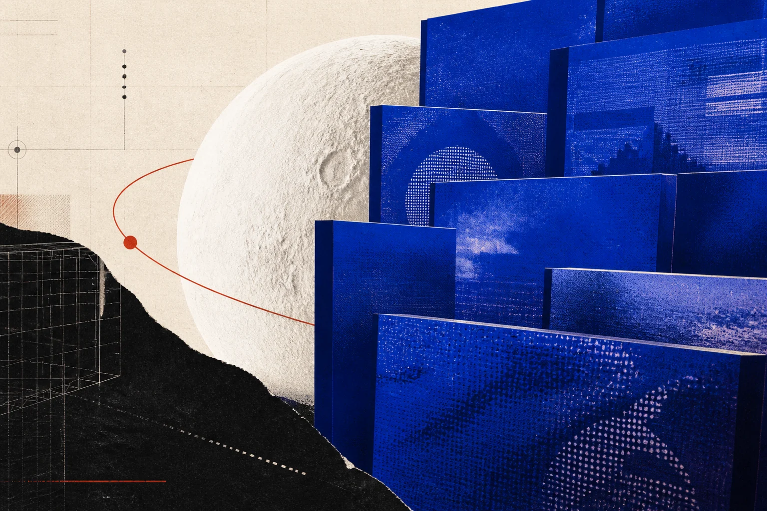 A white moon partly hidden behind stacked cobalt media panels
