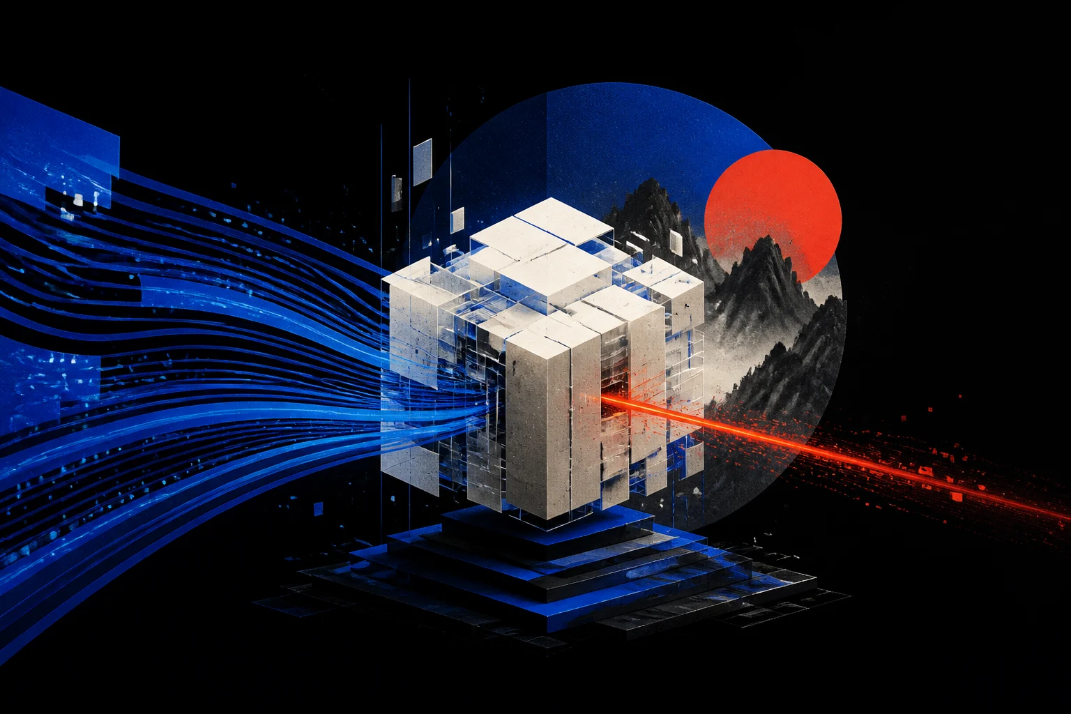 Abstract architectural AI system with blue data streams and a red signal