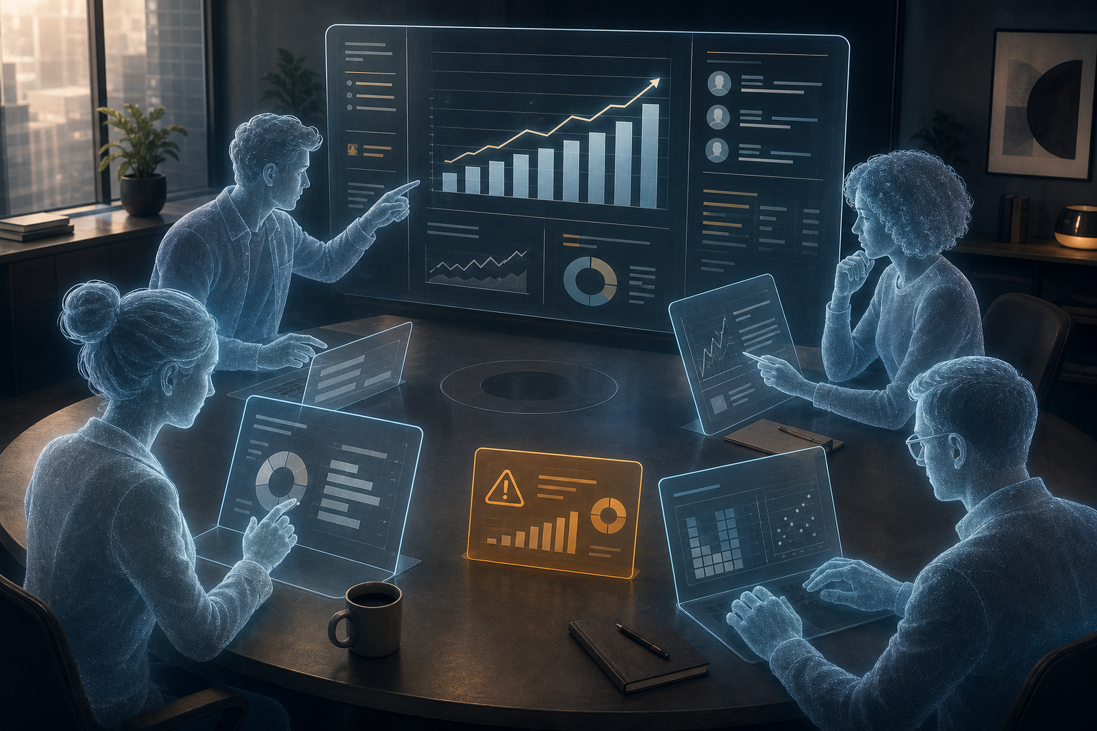 Illustrated AI consultancy agents focus on profit dashboards while an ethical warning sits at the edge of their shared table