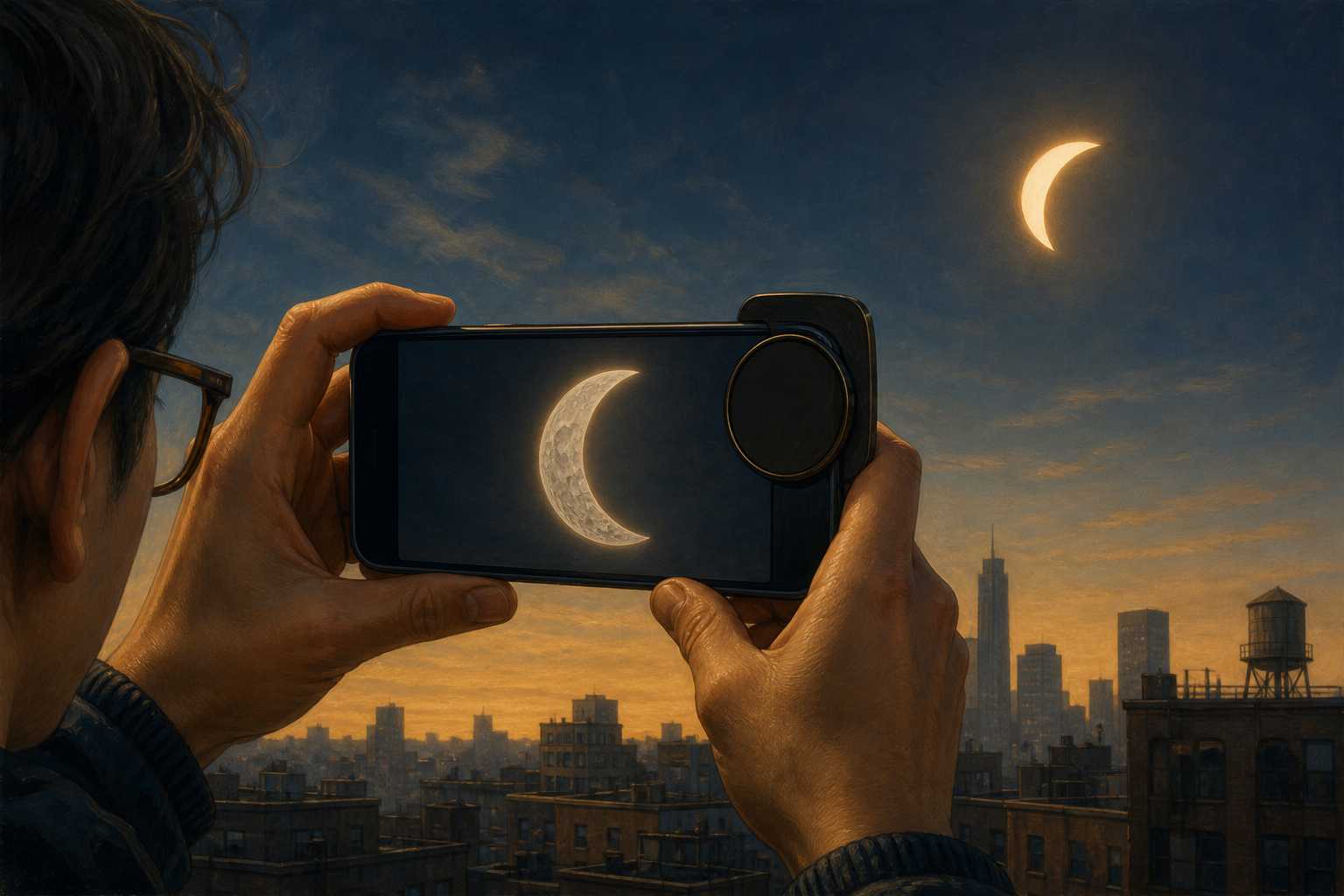 Editorial illustration of a phone adding Moon-like crater detail while photographing a smooth partial solar eclipse